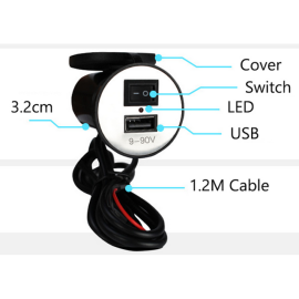 Utičnica USB za motocikl 9-90V s prekidačom; 1,2m