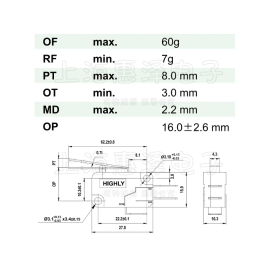 Prekidač mikro 10A 230VAC s polugom 53mm Highly