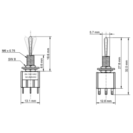 Prekidač KIP ON-OFF-ON 2x3pin 230V 3A
