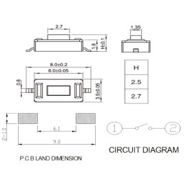 Taster SMD print ležeći 3,5x6x2,5mm 12V 0,05A