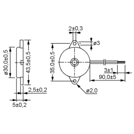 Piezo bez oscilatora 30V 30mm 90dB 4,5kHz sa žicom