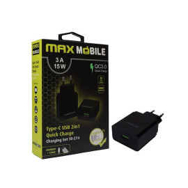 Pretvarač 230VAC / 1xUSB 3A 15W QC; + USB-C 1m